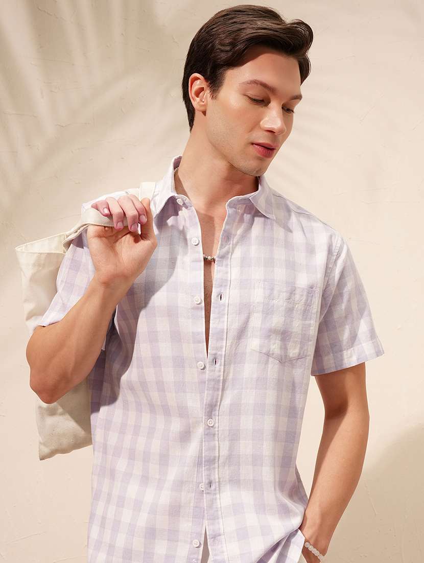 men checkered short sleeve regular fit casual shirt