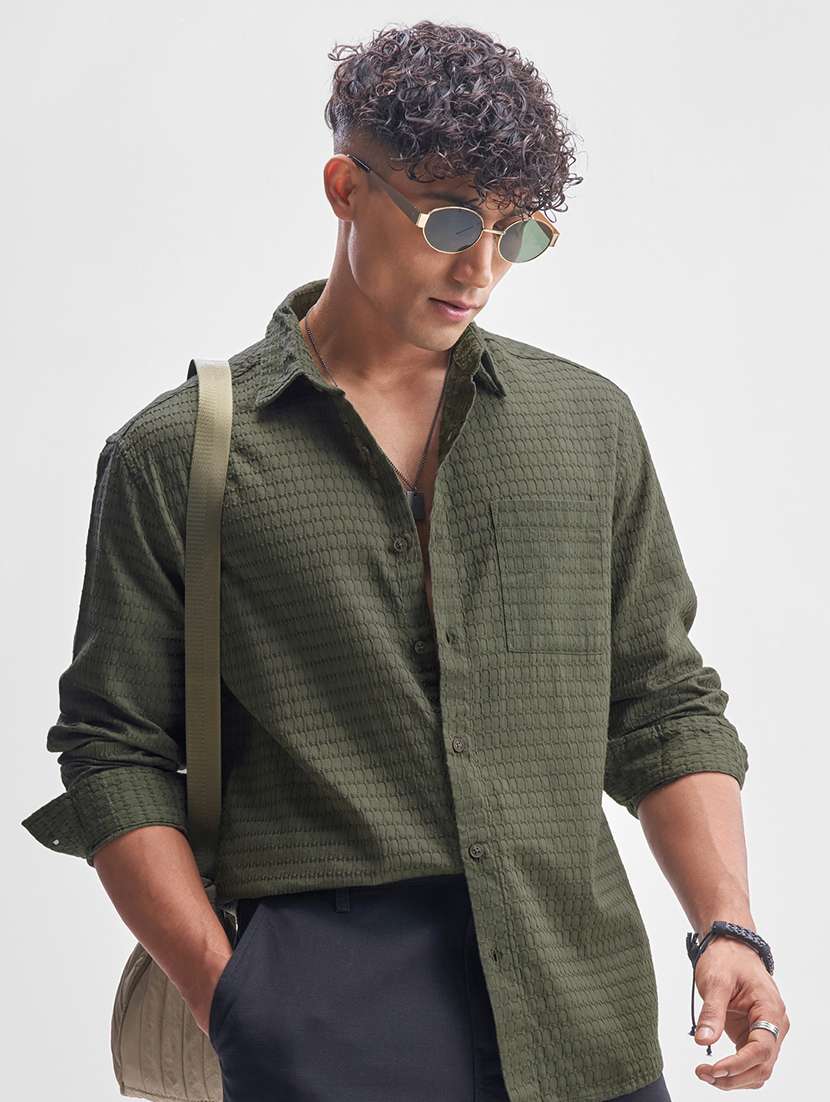 men self design long sleeve regular fit casual shirt