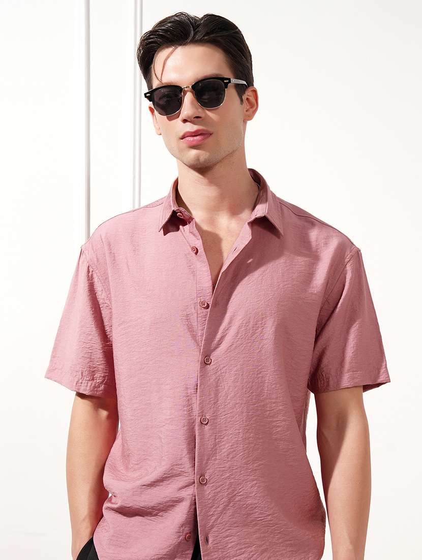 men self design short sleeve regular fit casual shirt