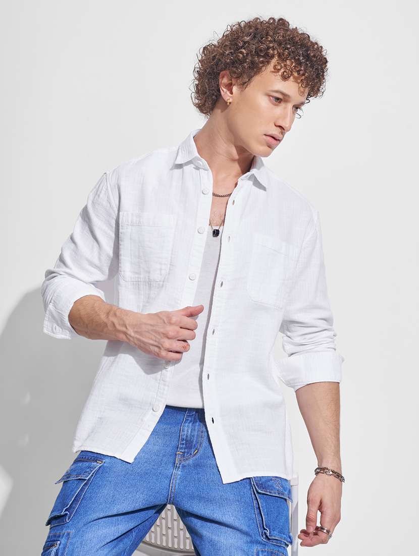 men self design long sleeve regular fit casual shirt