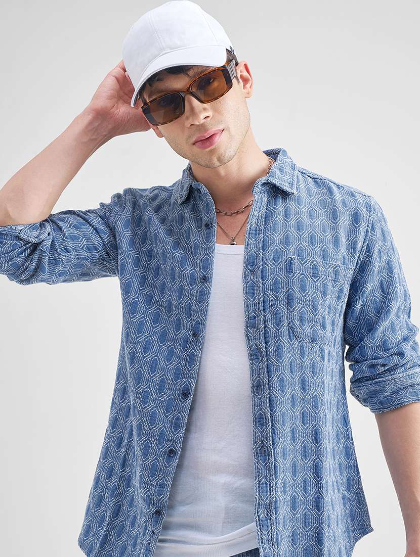 men self design long sleeve regular fit casual shirt