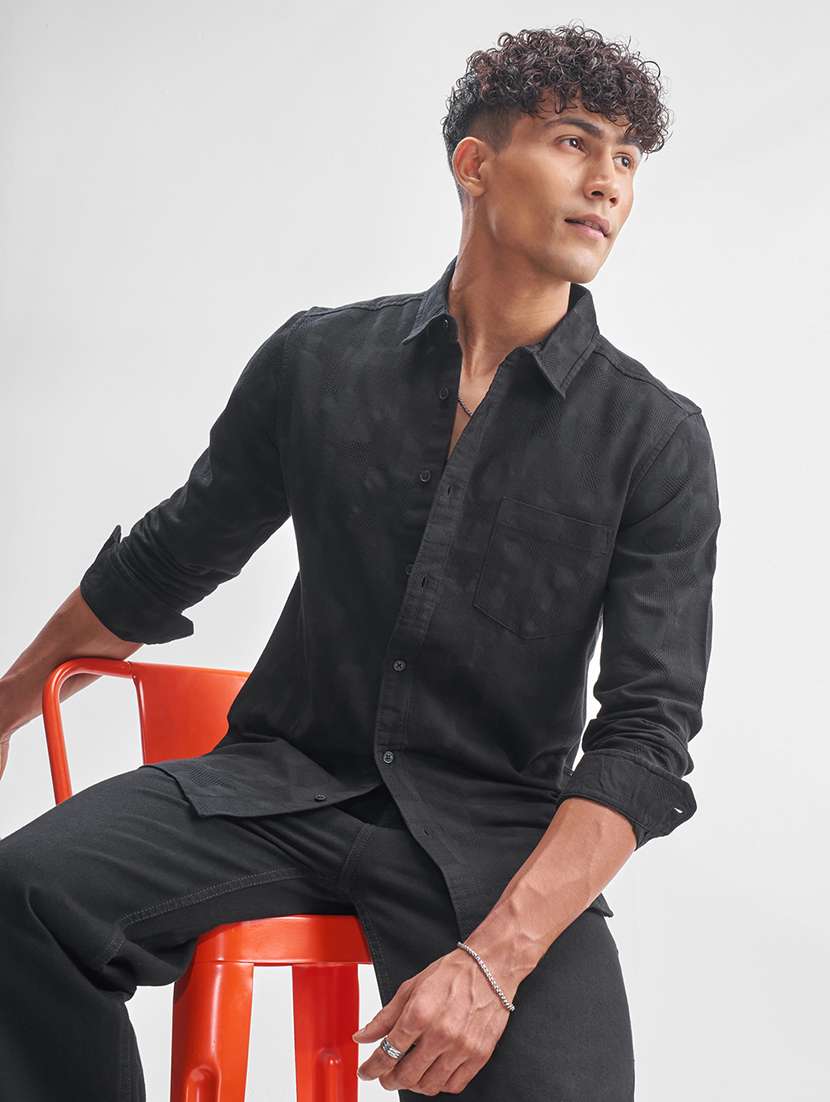 men self design long sleeve regular fit casual shirt