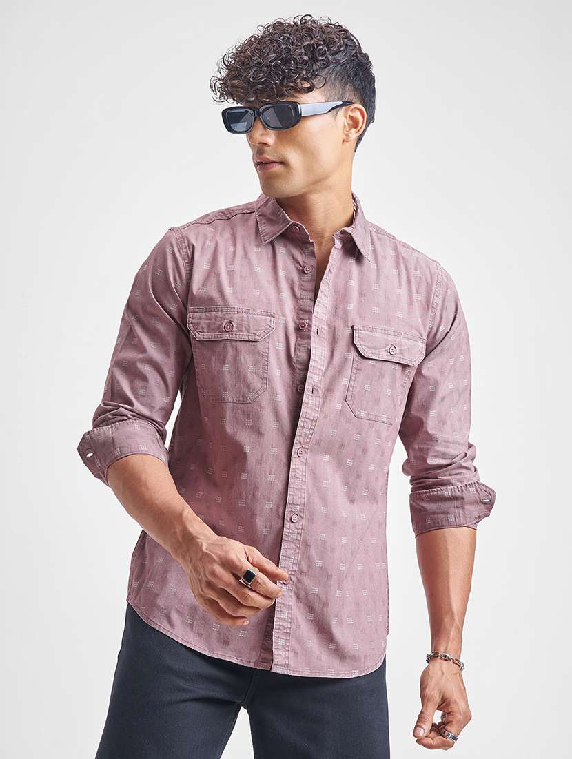 men self design long sleeve regular fit casual shirt