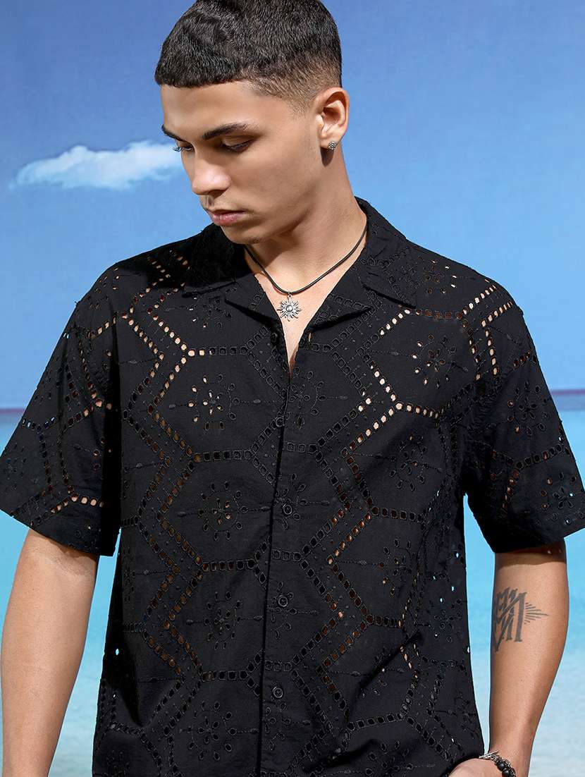 men self design short sleeve regular fit casual shirt
