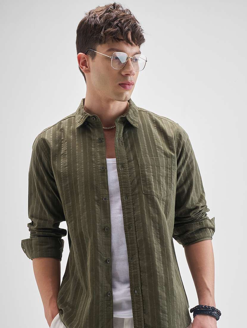 men striped long sleeve regular fit casual shirt