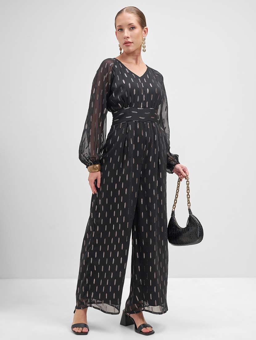 women printed black polyester full leg jumpsuit