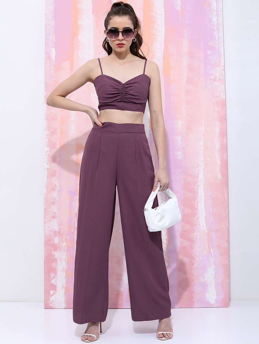 women purple polyester sleeveless solids top and trouser set