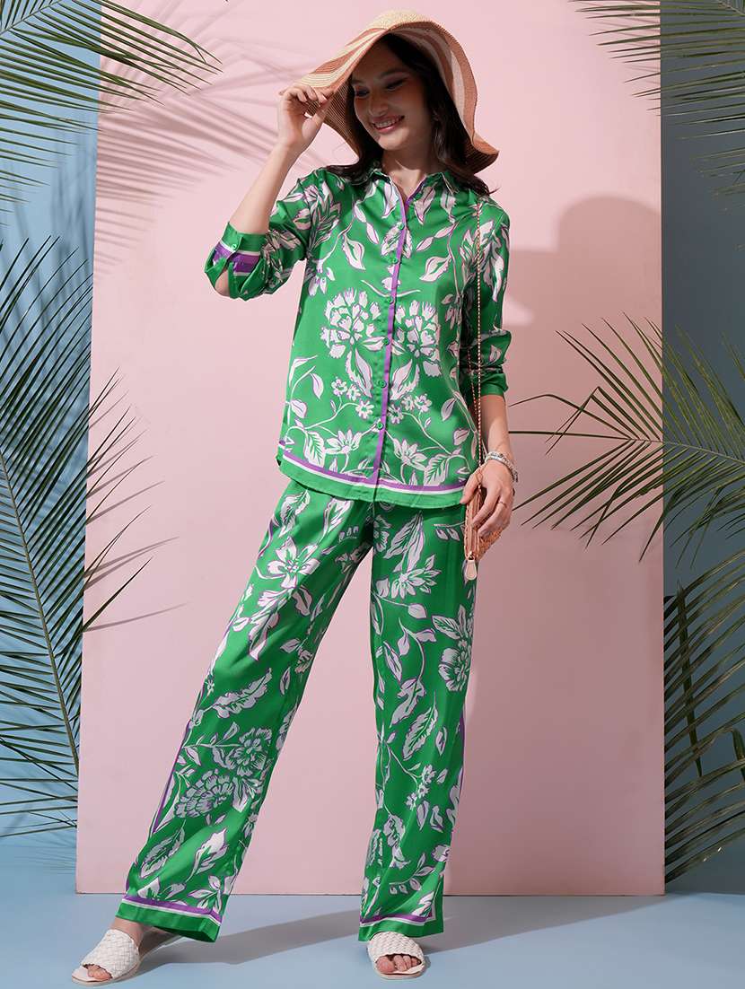 women printed polyester long sleeve co-ords green