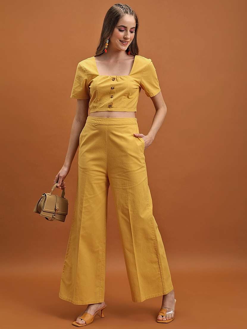 women yellow cotton top and trouser set co-ord