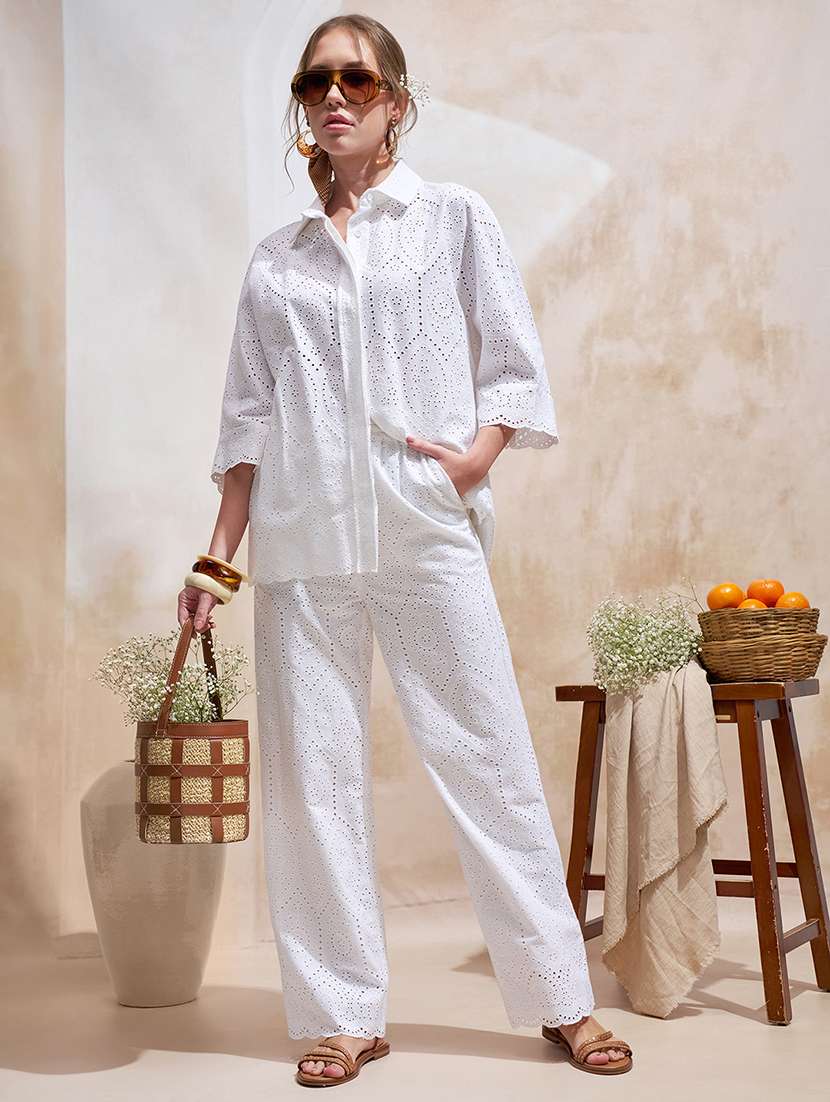 women white cotton self design top trouser set