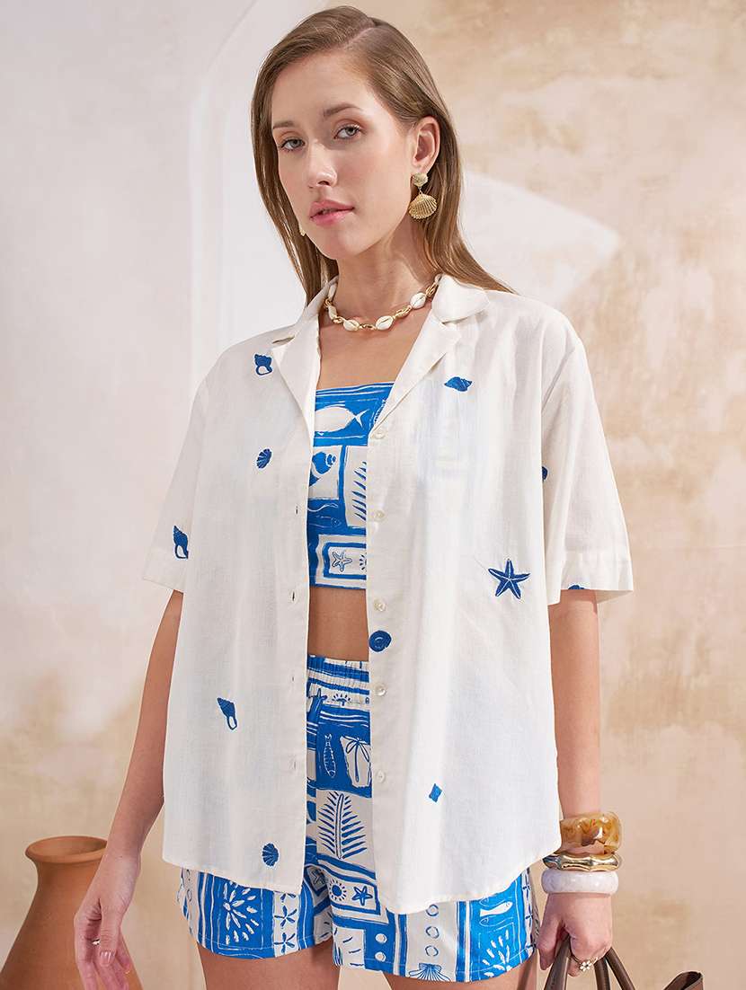 women blue cotton top and shorts set co-ords