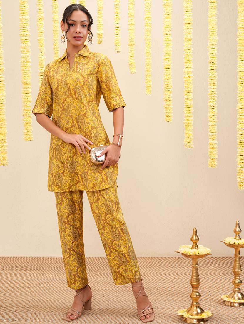 women printed polyester top and trouser set