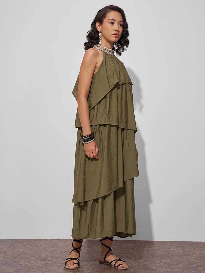women olive viscose a-line dress - 22470704 -  Standard Image - 3