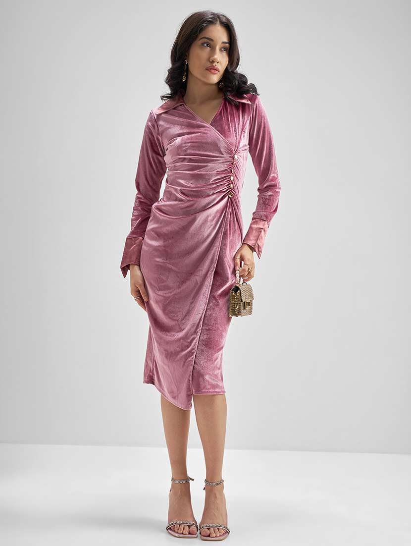 women pink polyester fit & flare dress