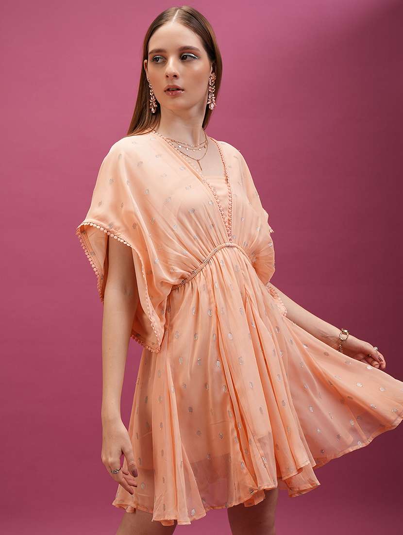 women peach polyester a-line dress