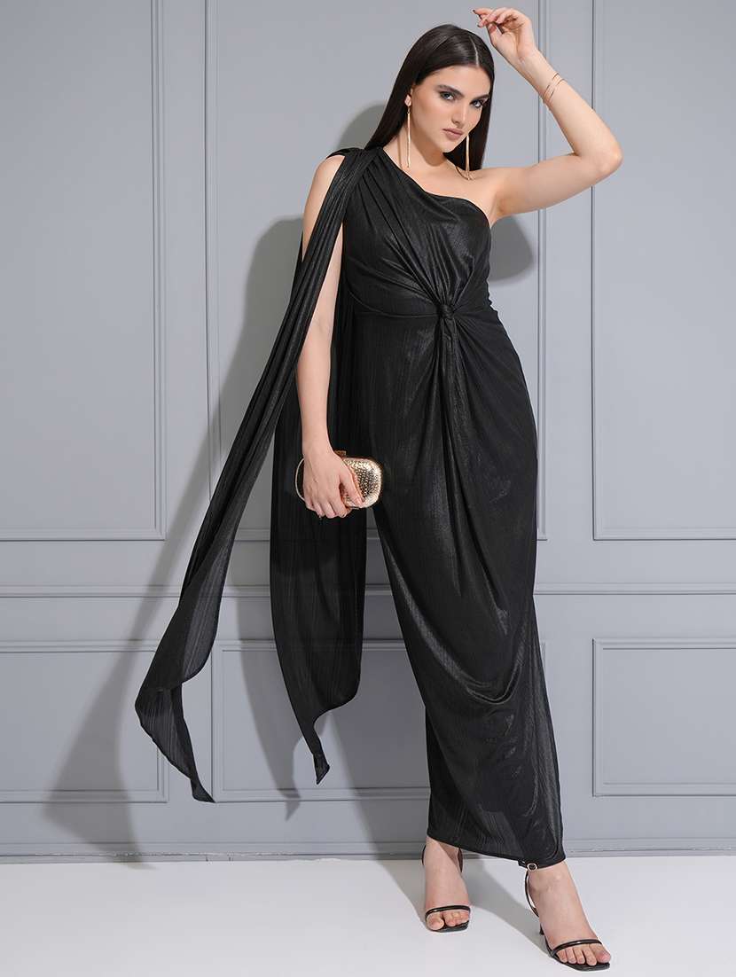 women single shoulder black polyester party wear dress