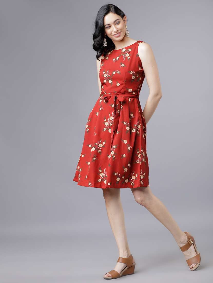 women red polyester fit & flare dress