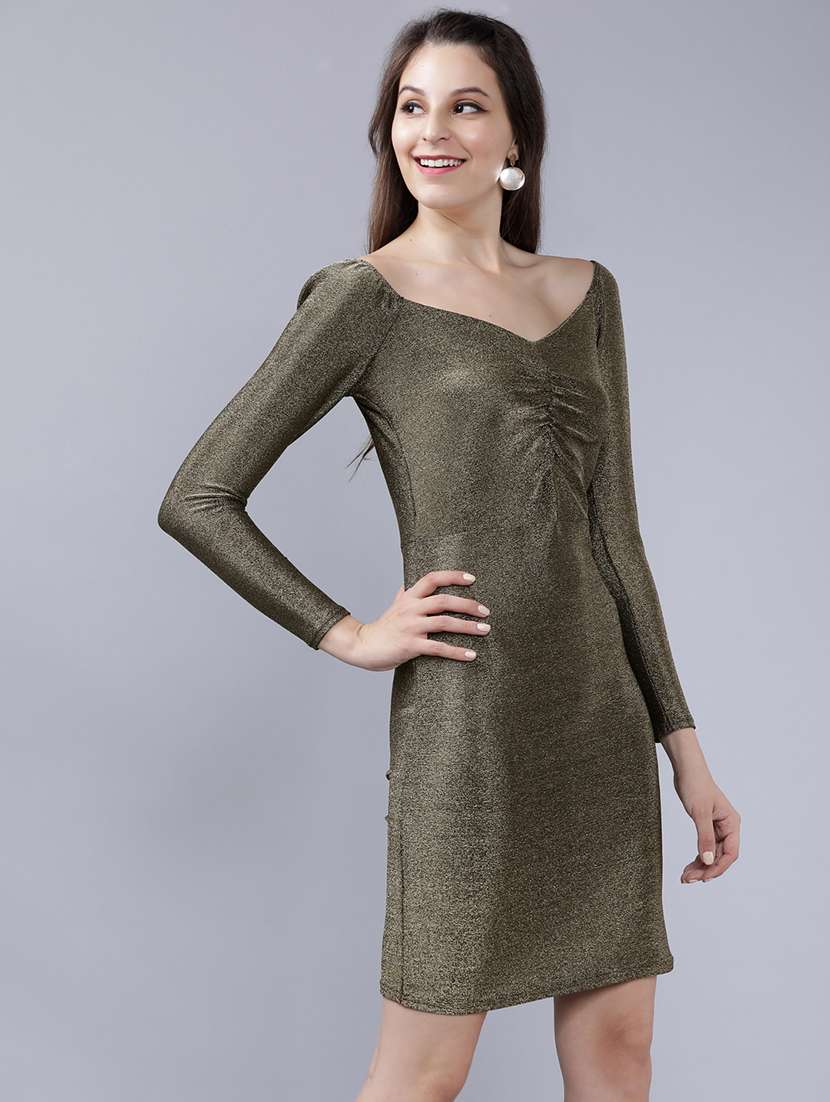 women gold polyester bodycon dress