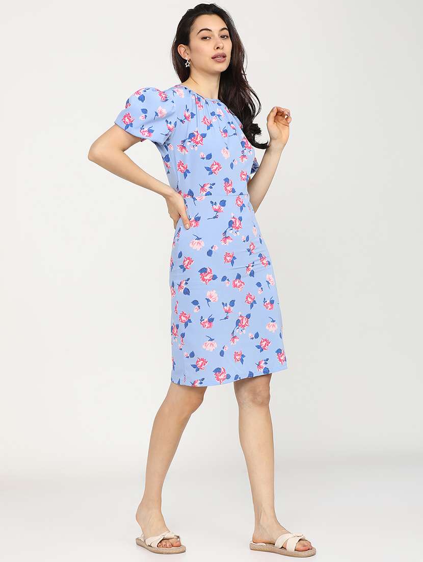 women blue polyester a-line dress