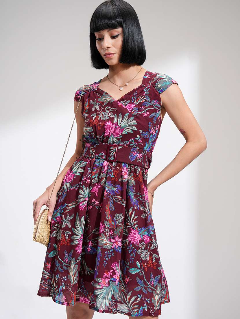 women maroon polyester a-line dress