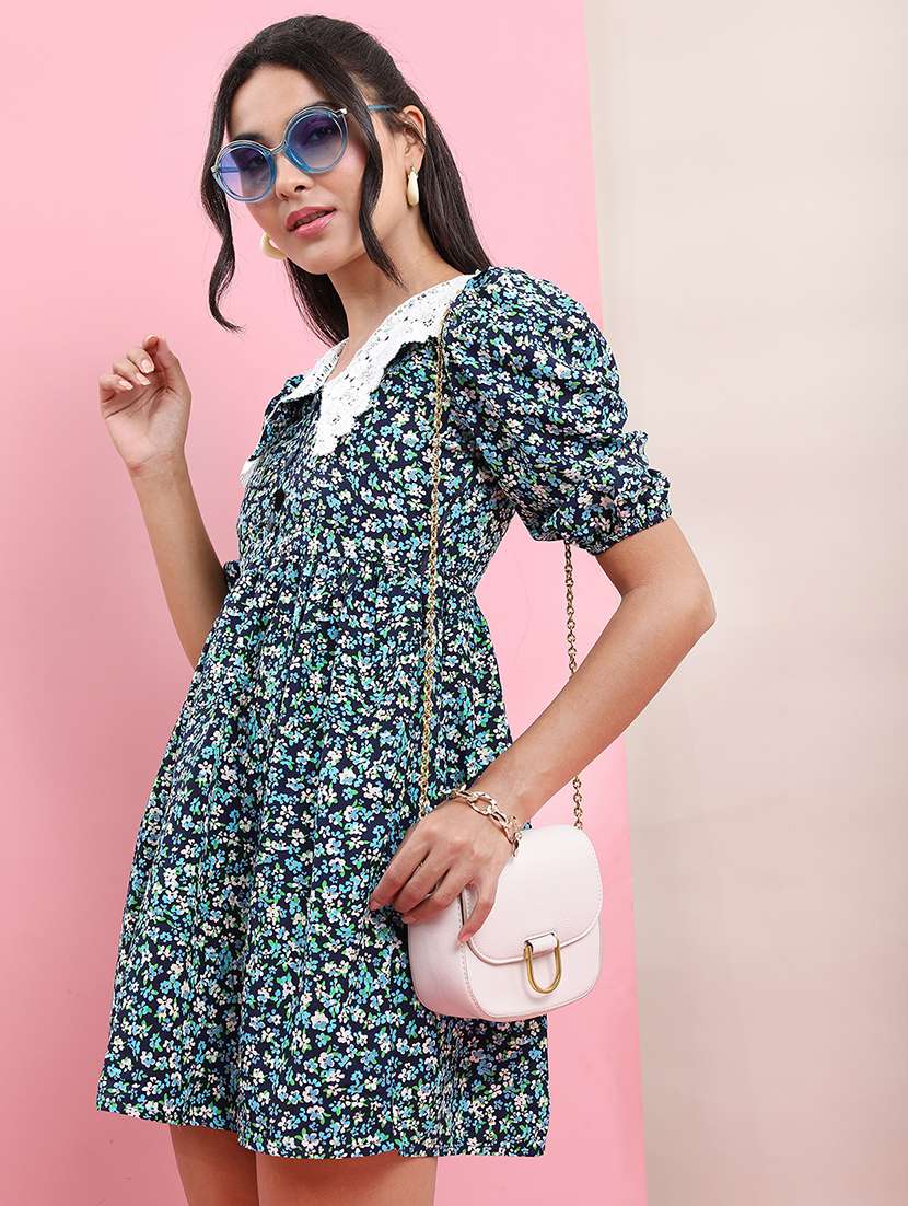 women blue polyester a-line dress