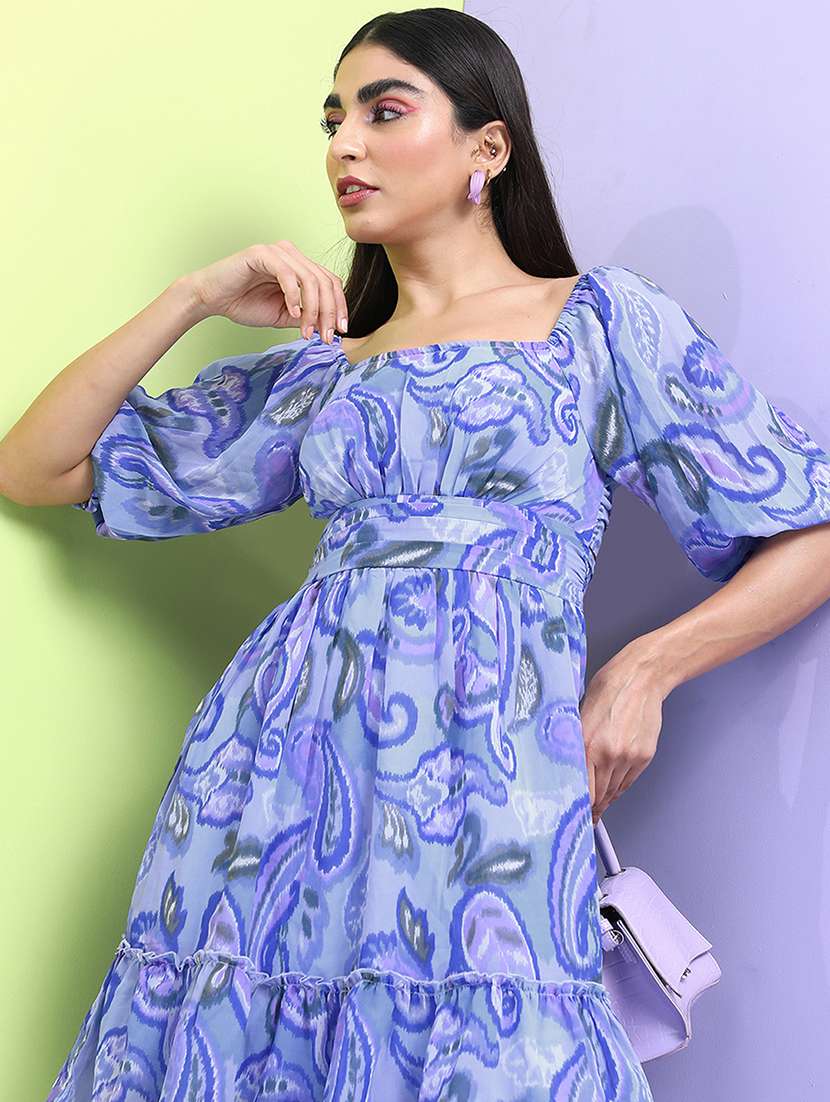 women blue polyester a-line dress