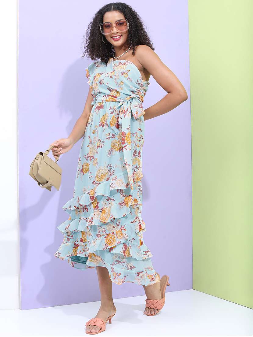 women light blue polyester fit & flare dress