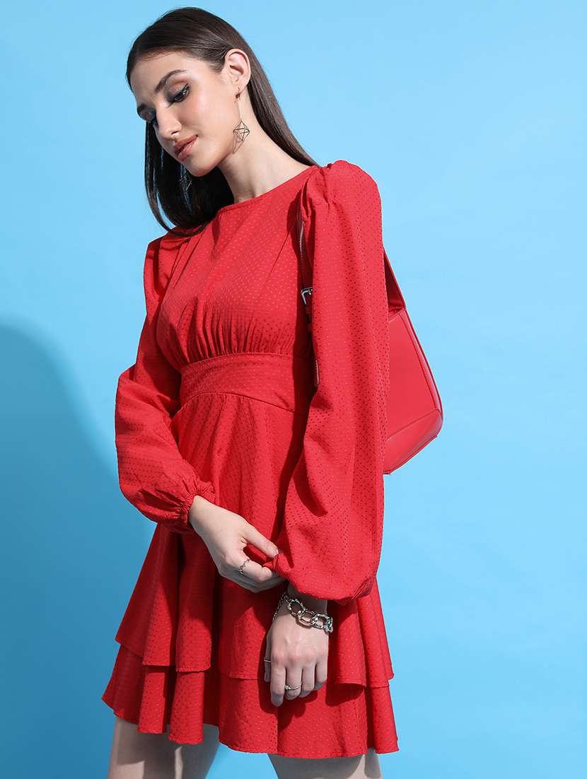 women red self design tiered fit & flare dress