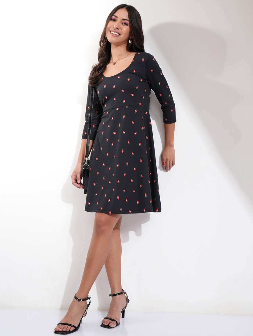 Women Black Cotton Fit & Flare Dress - 22470823 -  Standard Image - 5