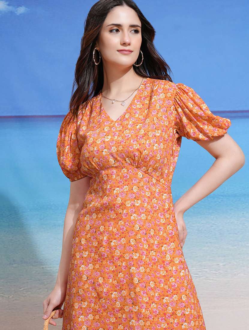 women peach viscose fit & flare dress