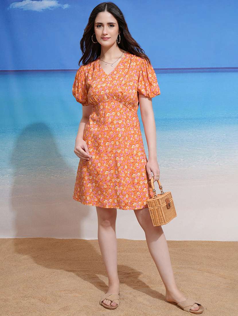 women peach viscose fit & flare dress - 22470825 -  Standard Image - 5