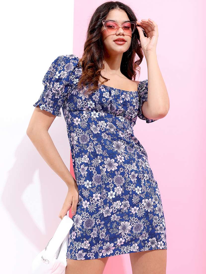 blue polyester fit & flare dress