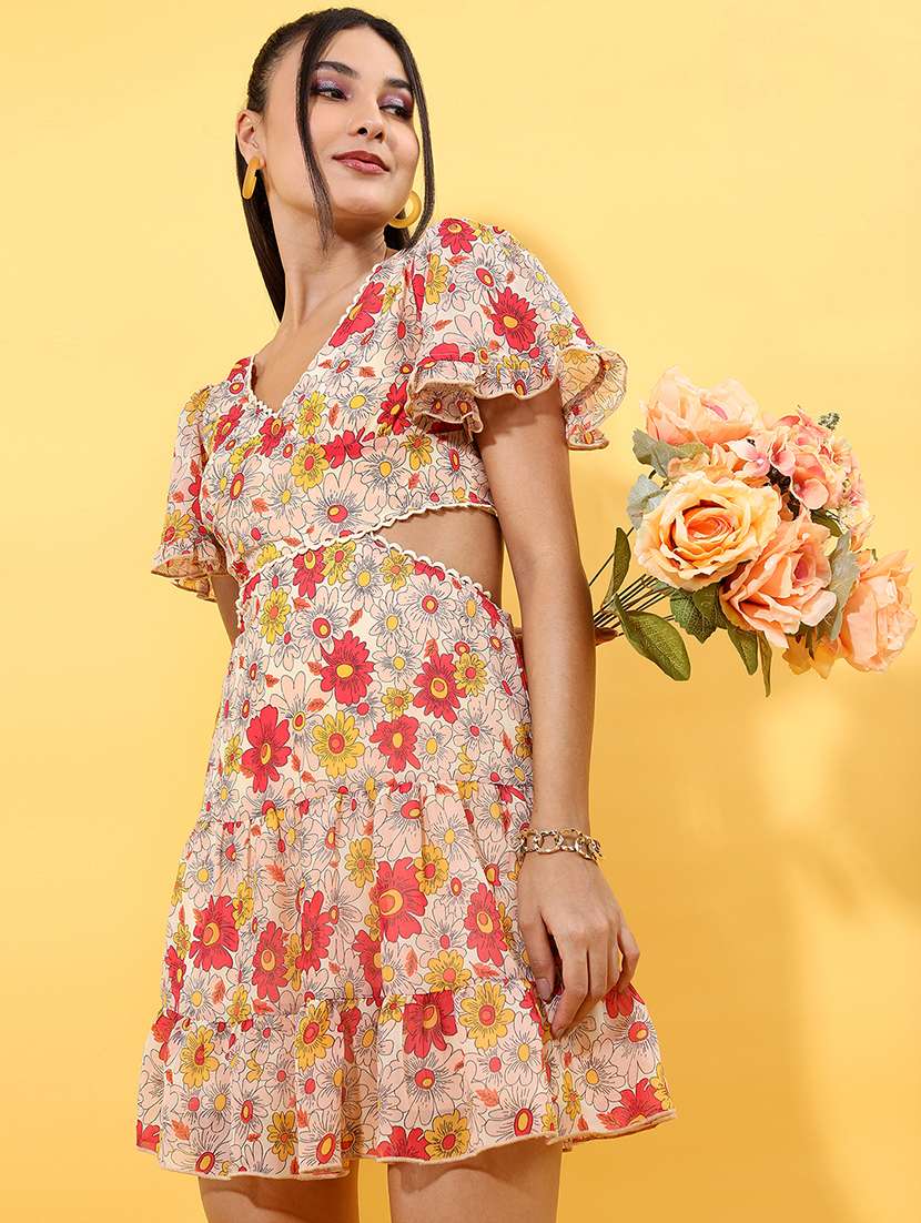 women peach polyester fit & flare dress