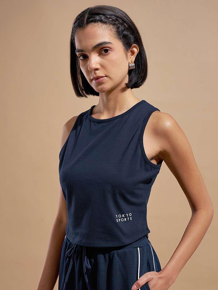 women solid navy blue cotton regular top - 22470915 -  Standard Image - 3