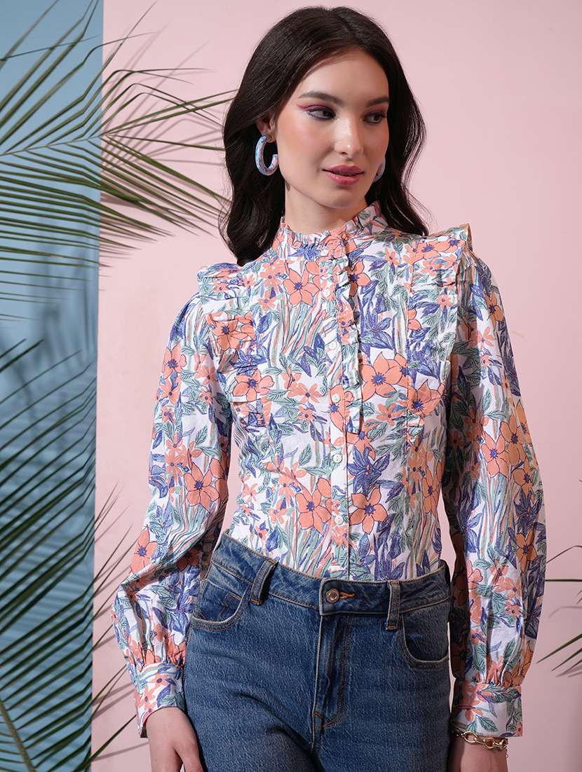 women floral white cotton regular top