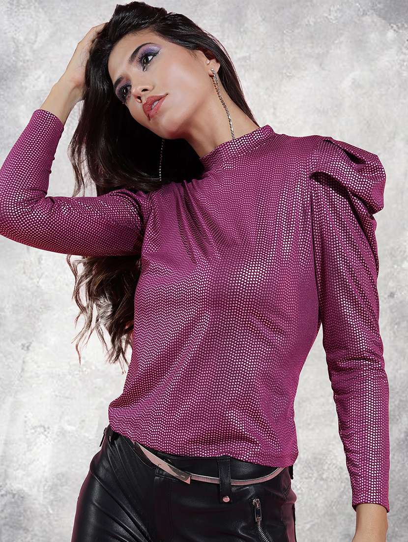 women solid magenta polyester regular top