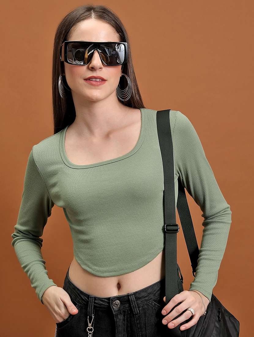 women solid olive polyester regular top