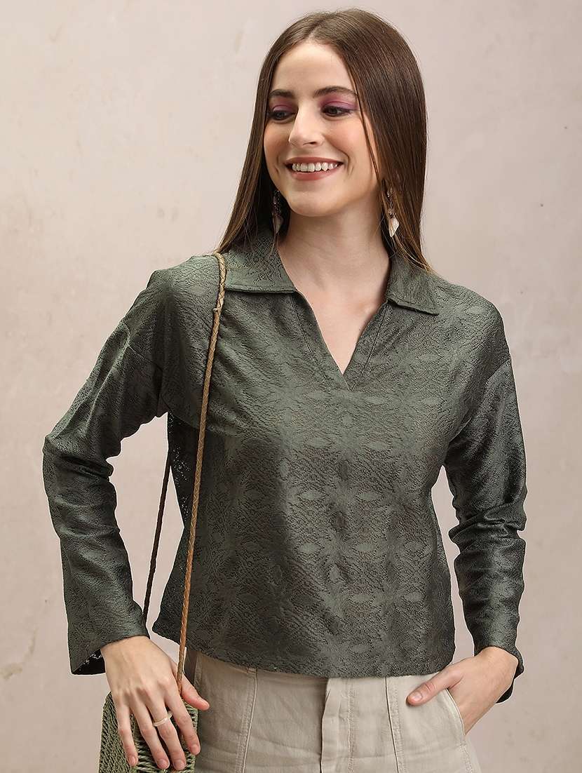 women self design olive polyester regular top