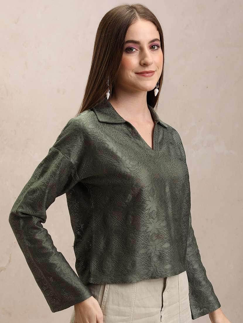 women self design olive polyester regular top - 22470960 -  Standard Image - 3