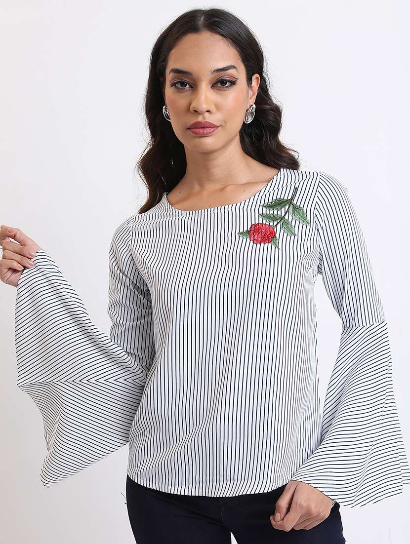 women printed navy blue polyester regular top