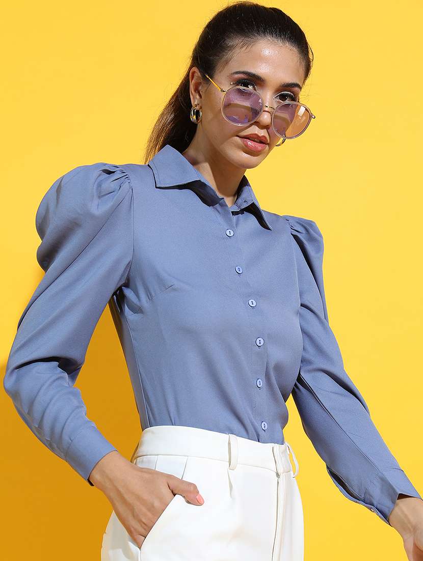 women solids blue polyester regular top
