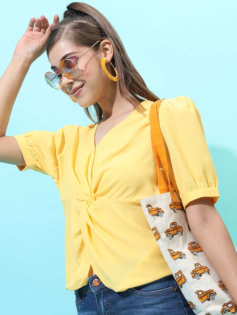 women solid yellow polyester regular top