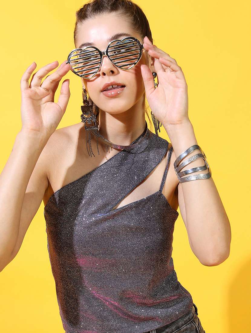 women printed silver polyester regular top
