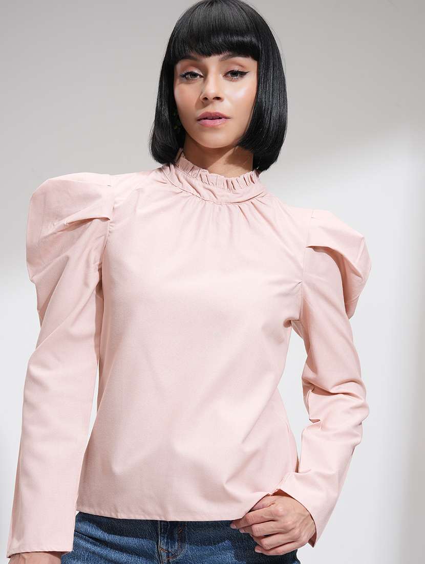 women solid peach polyester regular top