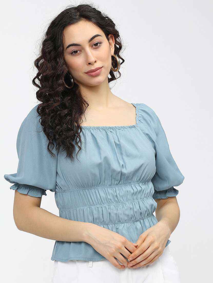 women solid blue polyester regular top