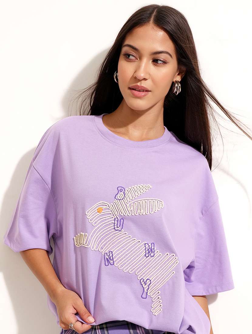 women printed  purple cotton regular t-shirt