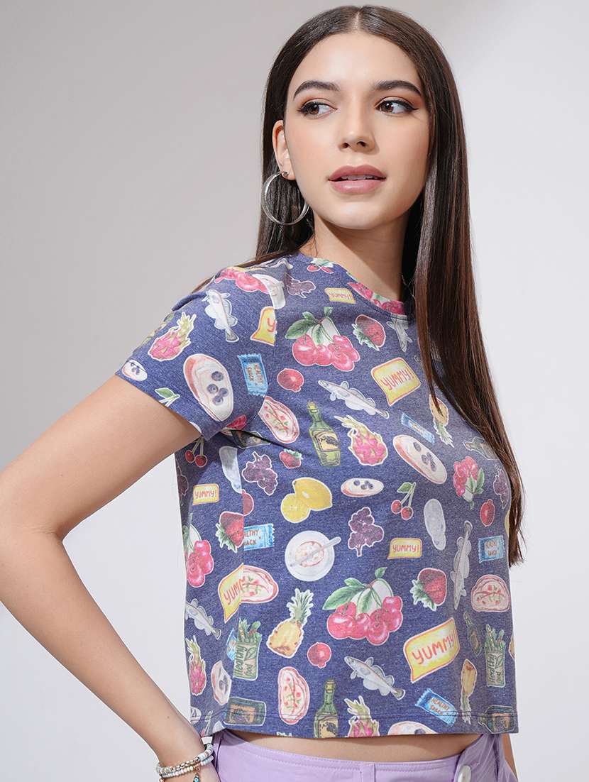 Women Printed Navy Blue Polyester Regular T-shirt - 22471142 -  Standard Image - 3