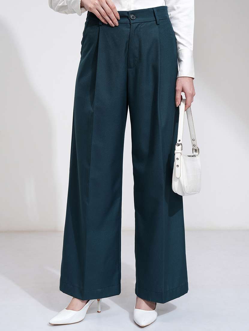 women blue polyester chinos trouser