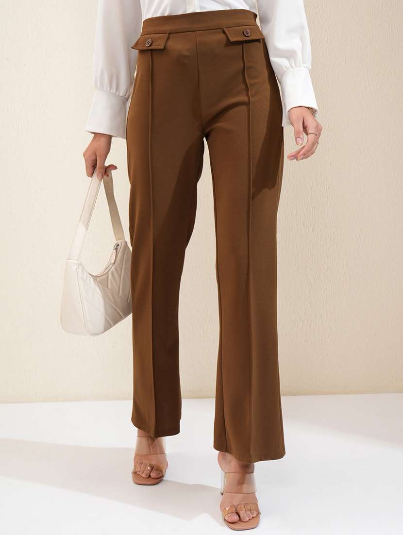 women brown polyester chinos trouser