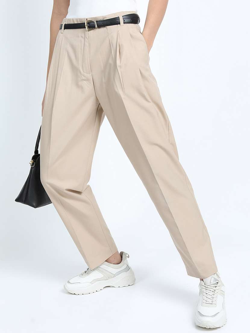 women beige polyester chinos trouser